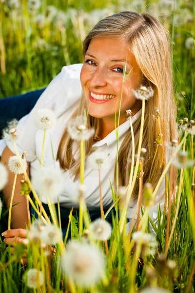 Caucasian woman in spring field — Stock Photo, Image