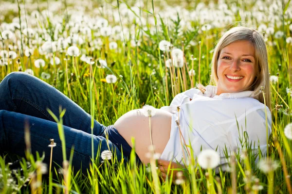 Těhotná žena sedící na zelené louce — Stock fotografie
