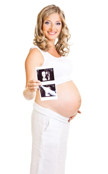 Έγκυος γυναίκα που κρατά την υπερηχογραφική εικόνα απομονωθεί — Φωτογραφία Αρχείου