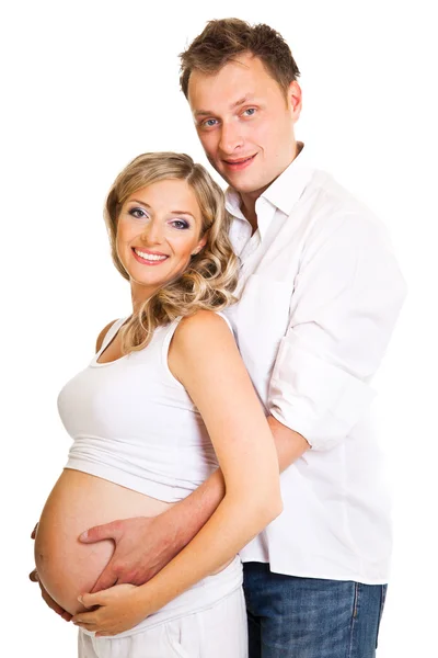 Schwangere Frau mit Mann isoliert auf weiß — Stockfoto
