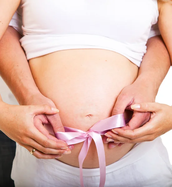 Az ember és a terhes nő hasa elszigetelt fehér — Stock Fotó