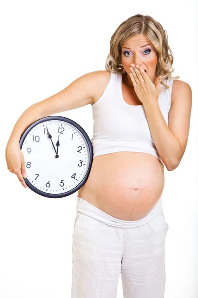 白色时钟隔离的孕妇 — 图库照片