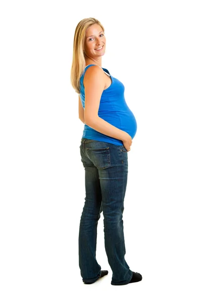 Pregnant woman isolated on white in blue shirt — Stock Photo, Image