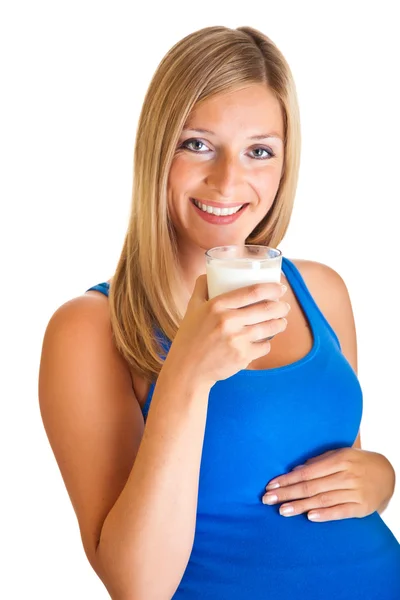 Mujer embarazada con vaso de leche aislado en blanco —  Fotos de Stock