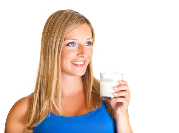 Terhes nő pohár tej elszigetelt fehér — Stock Fotó