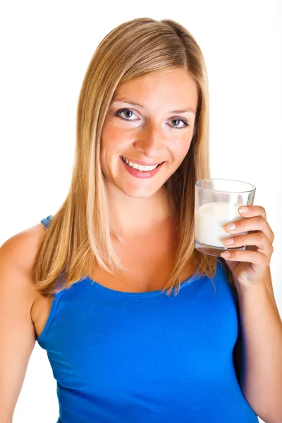 Pregnant woman with glass of milk isolated on white — Stock Photo, Image