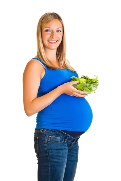 Έγκυος γυναίκα με λαχανικά, που απομονώνονται σε λευκό — Φωτογραφία Αρχείου