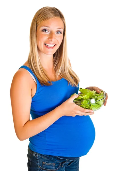 Gravid kvinde med grøntsager, isoleret på hvid - Stock-foto