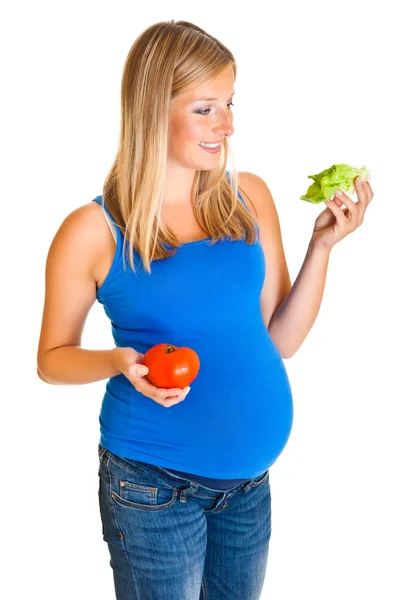 Pregnant woman with vegetables, isolated on white — Stock Photo, Image