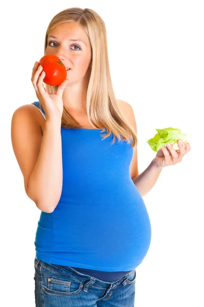 Gravid kvinna med grönsaker, isolerad på vit — Stockfoto