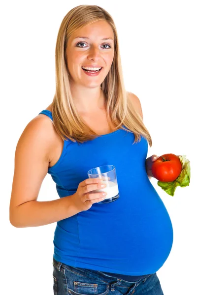 Mujer embarazada con verduras, aislada en blanco —  Fotos de Stock