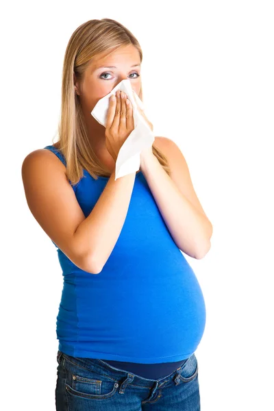 Schwangere wischt Nase isoliert auf Weiß — Stockfoto