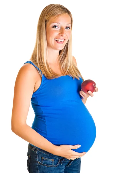 Mulher grávida com pêssego isolado em branco — Fotografia de Stock