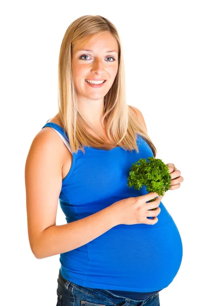 Pregnant woman with parsley isolated on white — Stock Photo, Image