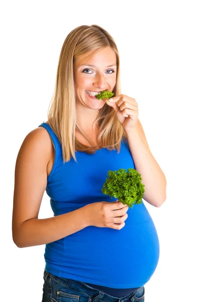 Mulher grávida com salsa isolada em branco — Fotografia de Stock