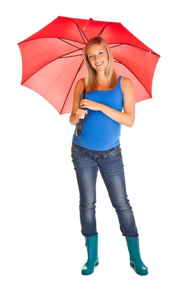 stock image Pregnant woman with umbrella isolated on white