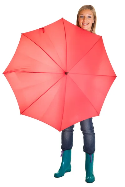 Hamile kadın üzerinde beyaz izole şemsiye ile — Stok fotoğraf