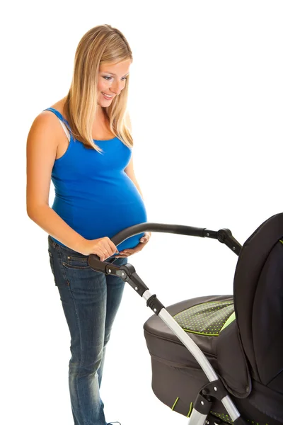 Kobieta w ciąży z wózek na białym tle — Zdjęcie stockowe