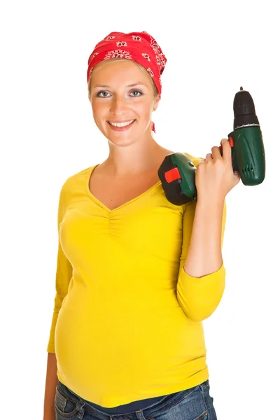 Hamile kadın ile üzerine beyaz izole powertools — Stok fotoğraf