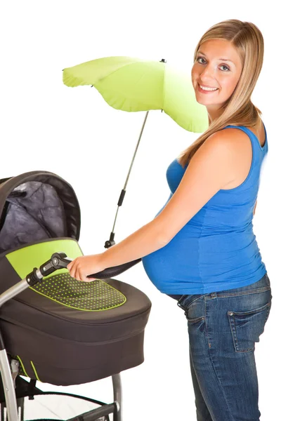 Mulher grávida com carrinho de bebê isolado em branco — Fotografia de Stock