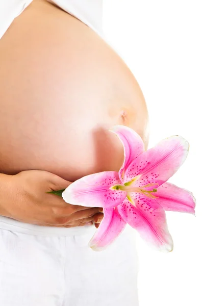 Mujer embarazada sosteniendo lirios aislados en blanco — Foto de Stock