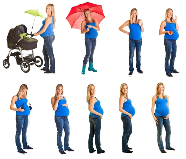 Schwangere verschiedene Posen mischen sich isoliert auf Weiß — Stockfoto