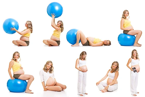 Donna incinta fitness collage isolato su bianco — Foto Stock