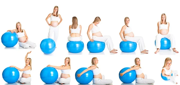 Pregnant woman fitness collage isolated on white — Stock Photo, Image