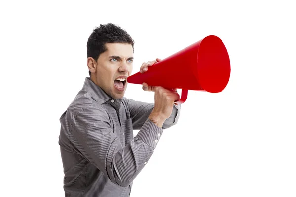 Shouting into a megaphone — Stok fotoğraf