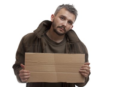 Beggar holding carton