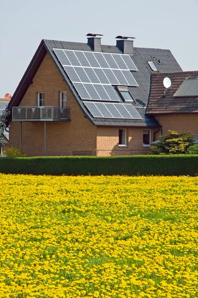 Casa com painéis solares e dente-de-leão amarelo — Fotografia de Stock