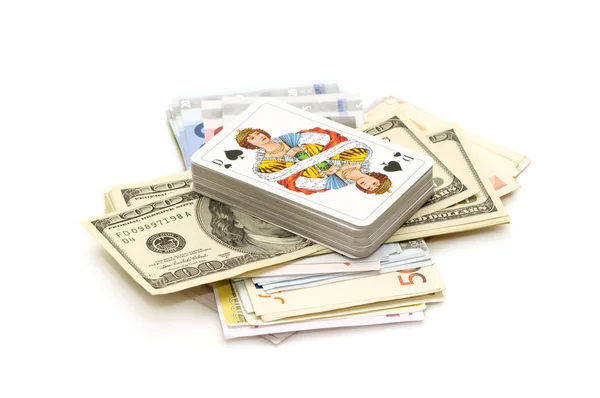 Peníze a hrací karty — Stock fotografie