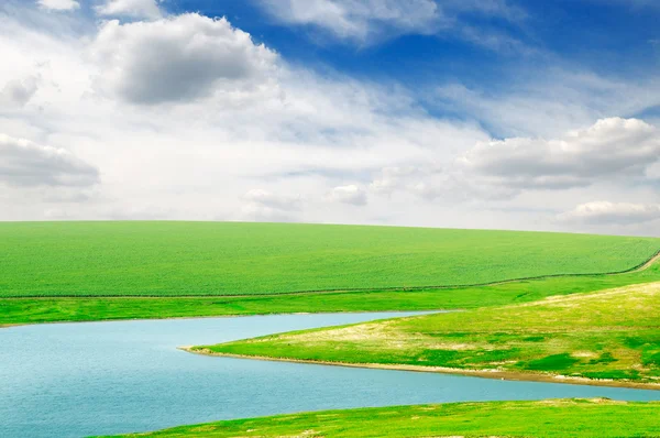 Lago e campo verde — Foto Stock