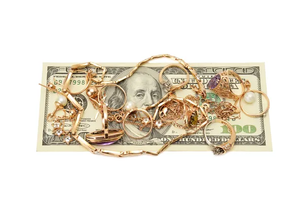 Goldschmuck und Dollars — Stockfoto