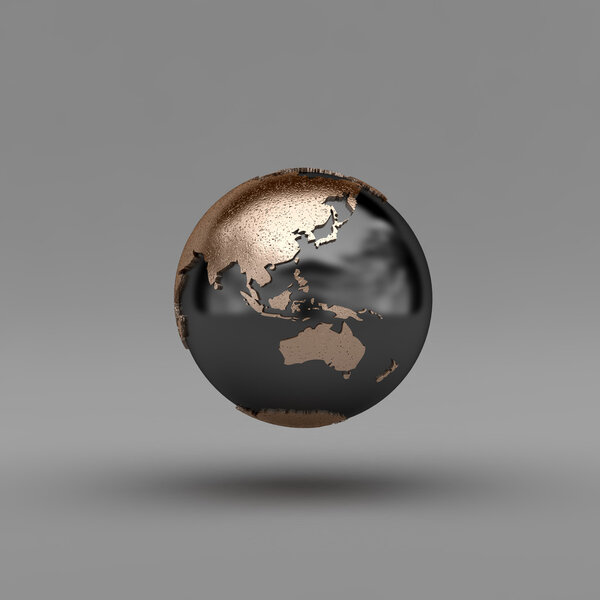 Metal globe showing Asia and Australia over gray background - clipping path included