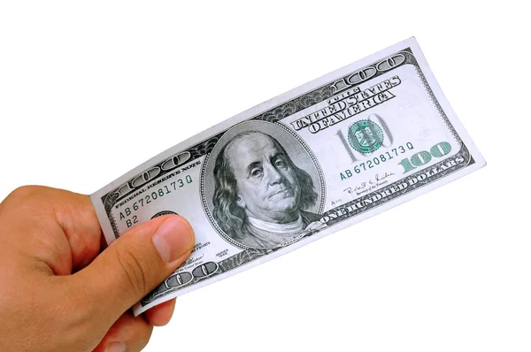Męskiej ręki trzymającej 100 dolarowy banknot — Zdjęcie stockowe