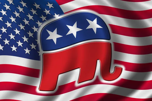 Bandera americana con el elefante del partido republicano en ella — Foto de Stock