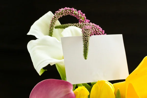 Gyönyörű tulipánok és calla liliom csokor — Stock Fotó