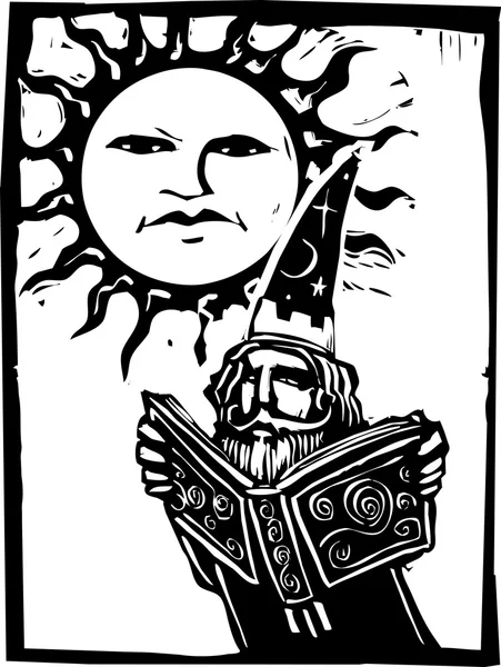 Wizard beneath a sun face — Stock Vector