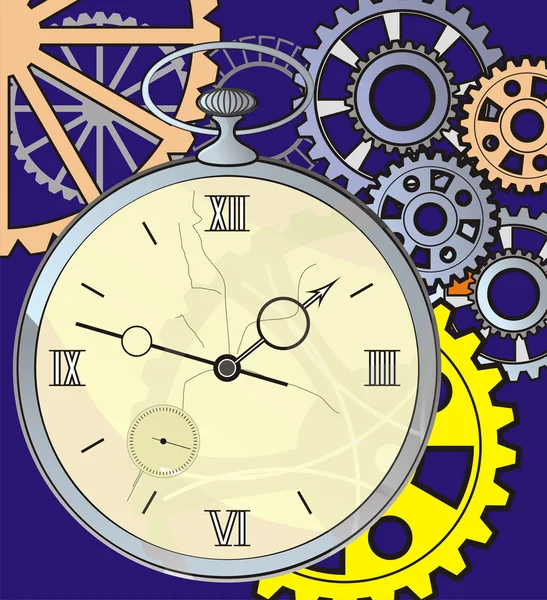 Antique clock with a crack on the face, against a background of gears — Stock Vector