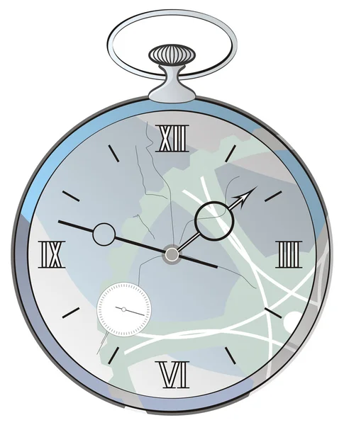 Antik klocka med en spricka i ansiktet, mot en bakgrund av kugghjul — Stock vektor