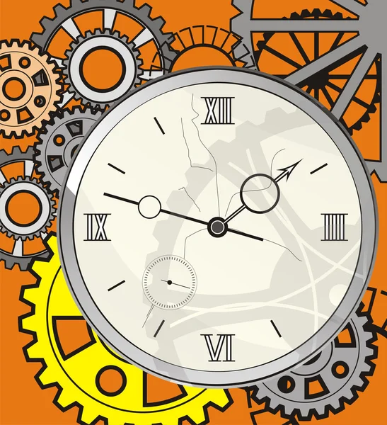 Antik klocka med en spricka i ansiktet, mot en bakgrund av kugghjul — Stock vektor