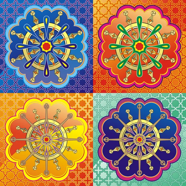 Ensemble de lotus et Dharmacakra - roue du dharma — Image vectorielle