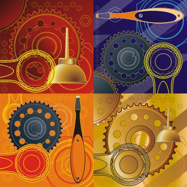Industrial still life- gears, oiler, tools symbols of repair clipart
