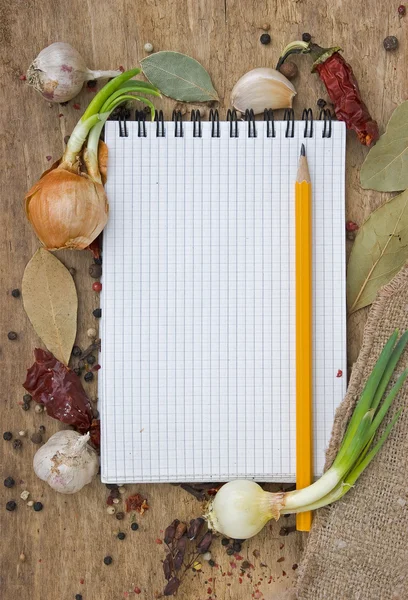 Cuaderno para escribir recetas con especias — Foto de Stock
