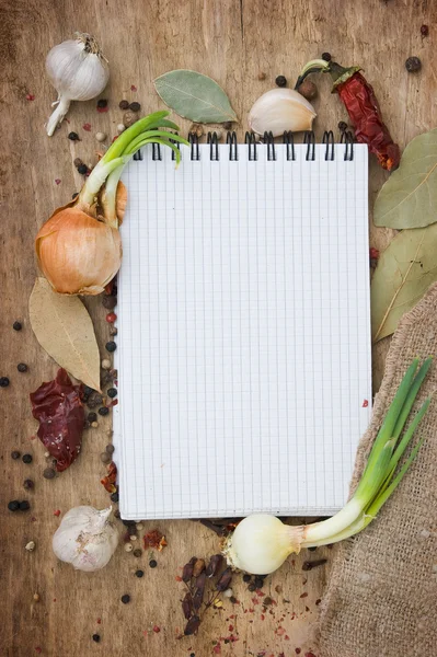 Notebook psát recepty s kořením — Stock fotografie