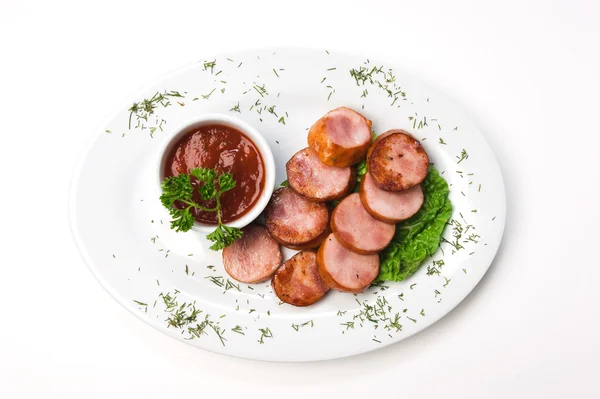 Salsichas bávaras com ketchup — Fotografia de Stock