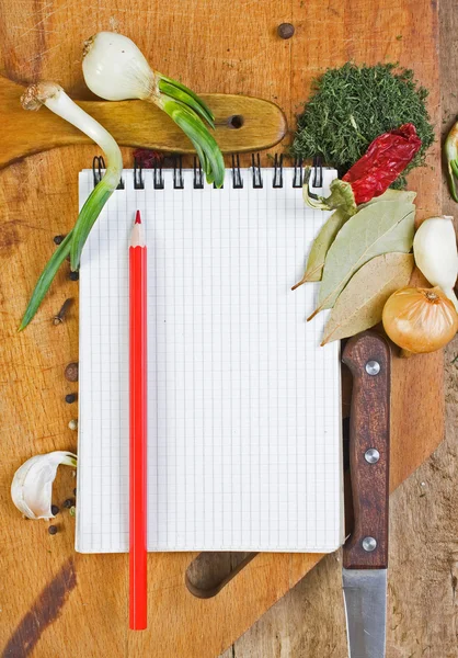 Notebook psát recepty s kořením — Stock fotografie