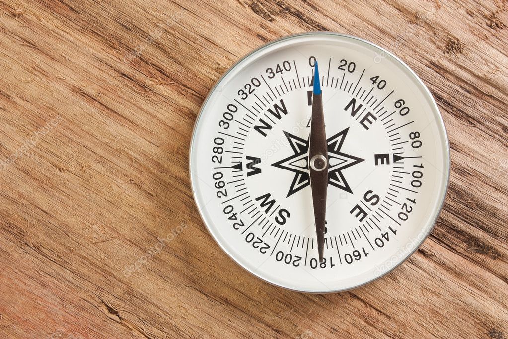 Compass on the background of the wooden planks