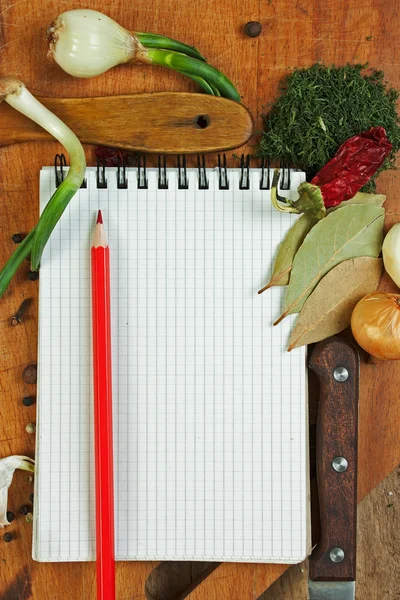 Notebook to write recipes with spices — Stock Photo, Image